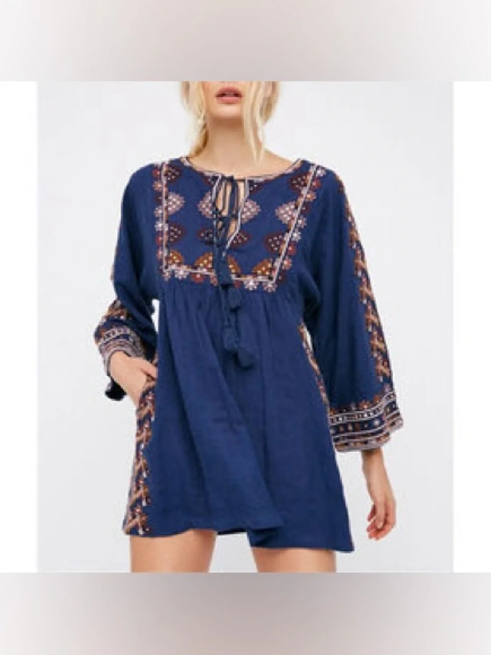 Free People Embroidered Boho Blue Dresses Jolene Bell Sleeve Swing M